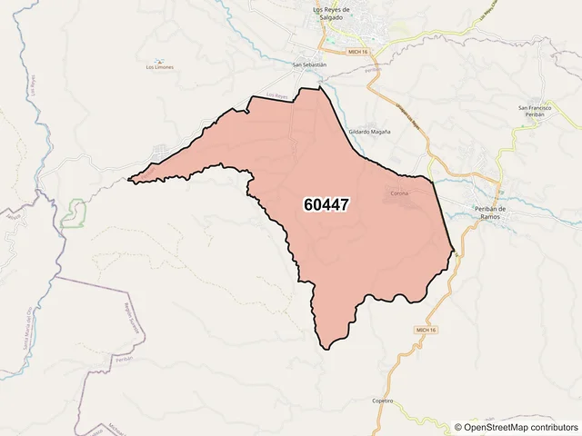 Mapa del código postal 60447, Peribán, Michoacán de Ocampo