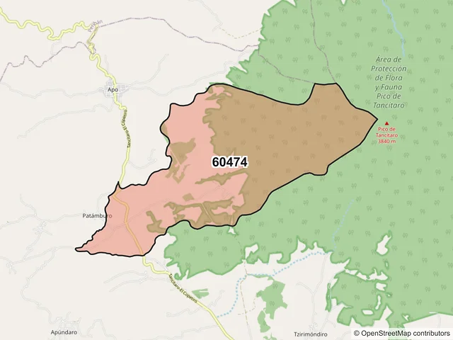 Mapa del código postal 60474, Tancítaro, Michoacán de Ocampo