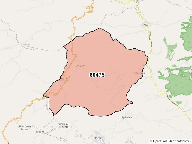 Mapa del código postal 60475, Tancítaro, Michoacán de Ocampo