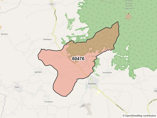 Mapa del código postal 60476, Tancítaro, Michoacán de Ocampo