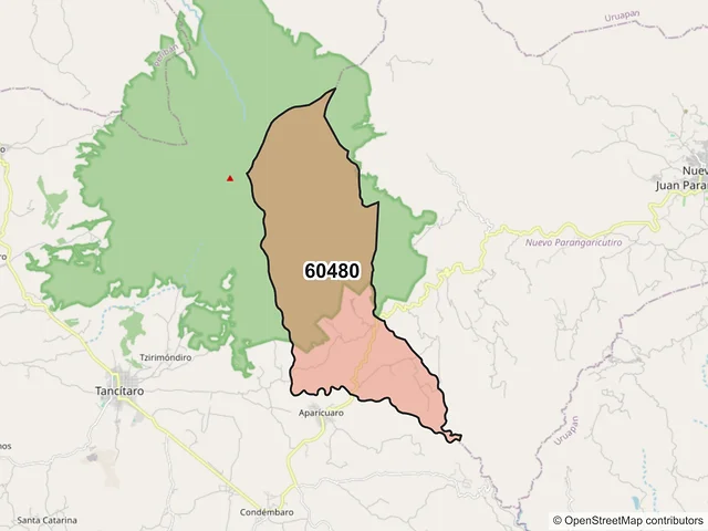Mapa del código postal 60480, Tancítaro, Michoacán de Ocampo