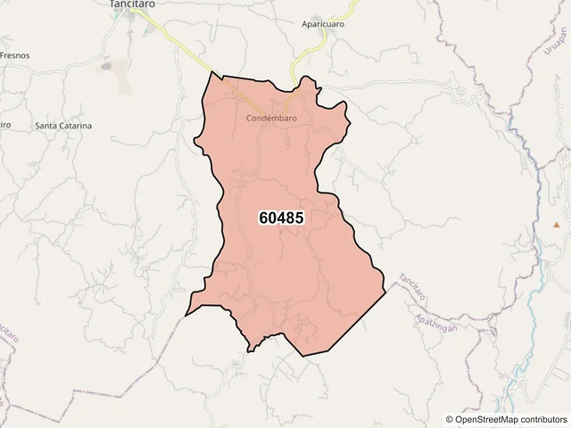 Mapa del código postal 60485, Tancítaro, Michoacán de Ocampo