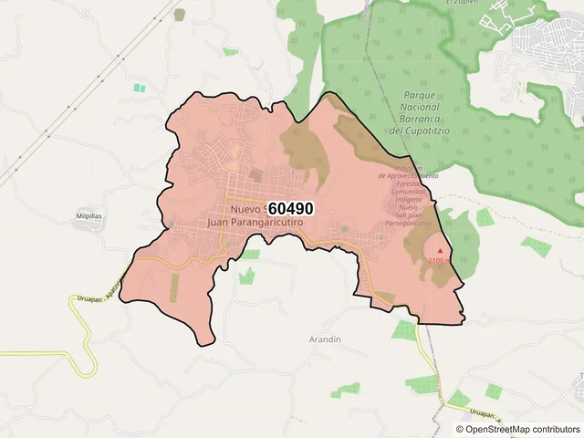 Mapa del código postal 60490, Nuevo Parangaricutiro, Michoacán de Ocampo