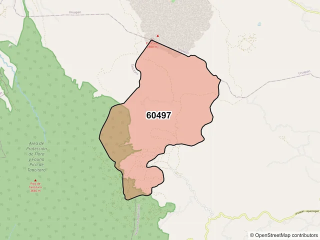 Mapa del código postal 60497, Nuevo Parangaricutiro, Michoacán de Ocampo