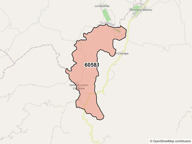 Mapa del código postal 60581, Aguililla, Michoacán de Ocampo