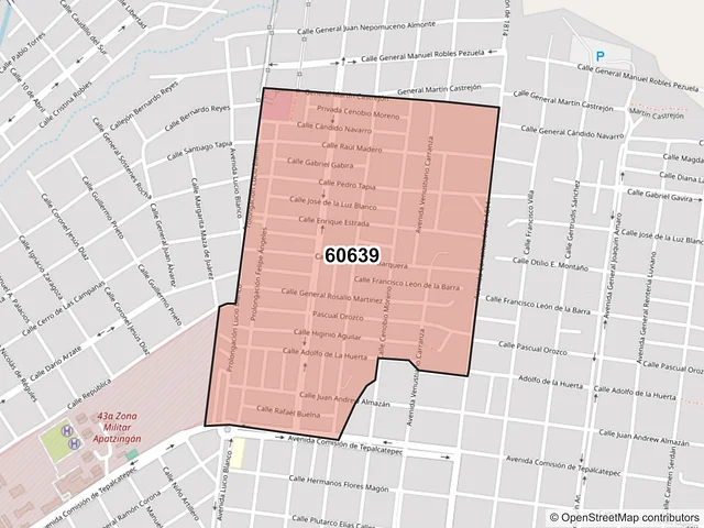 Mapa del código postal 60639, Apatzingán, Michoacán de Ocampo