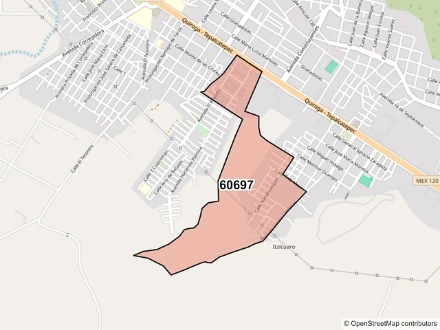 Mapa del código postal 60697, Apatzingán, Michoacán de Ocampo