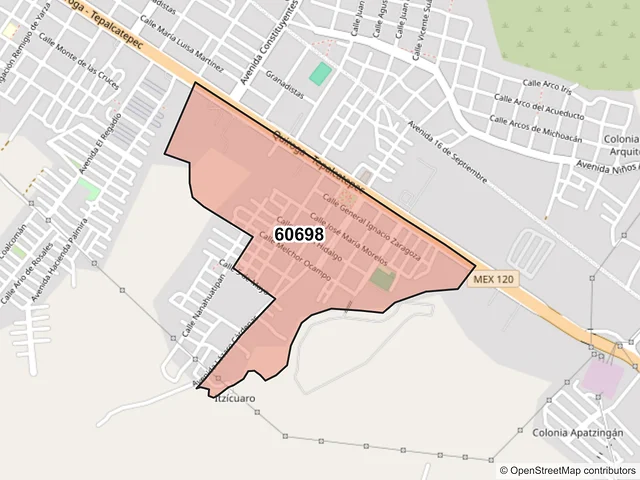 Mapa del código postal 60698, Apatzingán, Michoacán de Ocampo