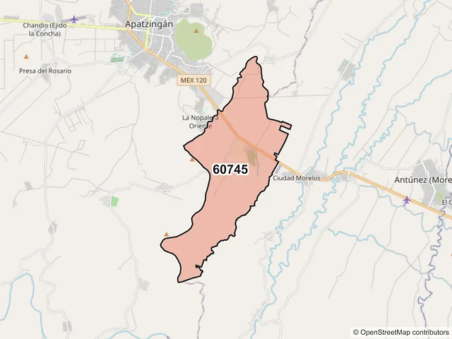 Mapa del código postal 60745, Apatzingán, Michoacán de Ocampo