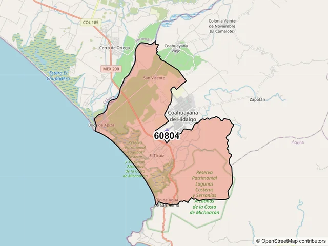 Mapa del código postal 60804, Coahuayana, Michoacán de Ocampo