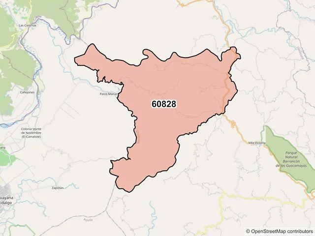 Mapa del código postal 60828, Chinicuila, Michoacán de Ocampo