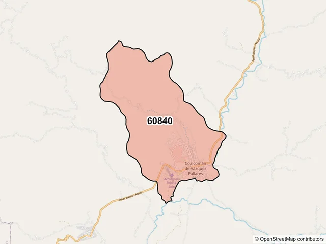 Mapa del código postal 60840, Coalcomán de Vázquez Pallares, Michoacán de Ocampo