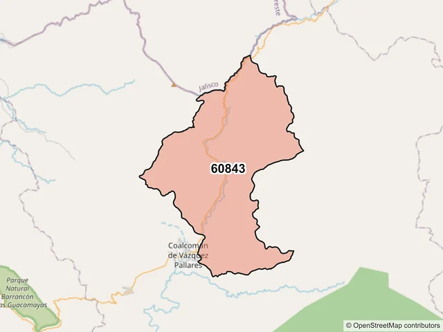 Mapa del código postal 60843, Coalcomán de Vázquez Pallares, Michoacán de Ocampo