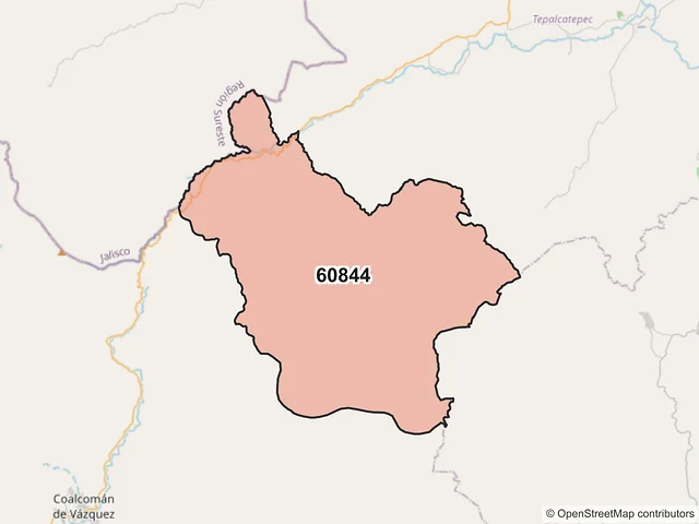 Mapa del código postal 60844, Coalcomán de Vázquez Pallares, Michoacán de Ocampo