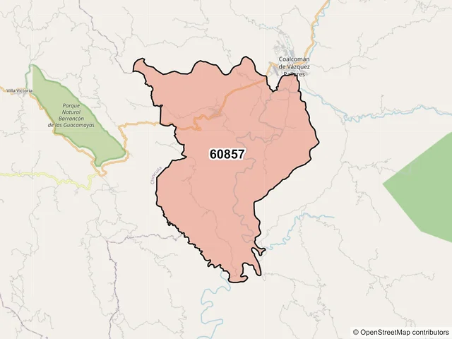 Mapa del código postal 60857, Coalcomán de Vázquez Pallares, Michoacán de Ocampo