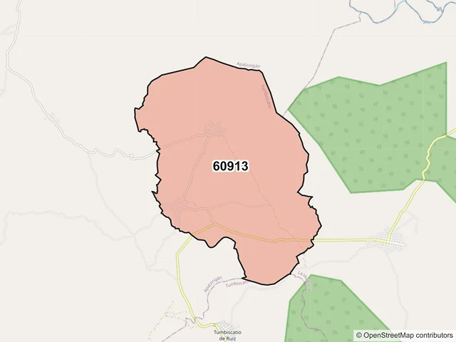 Mapa del código postal 60913, Tumbiscatío, Michoacán de Ocampo