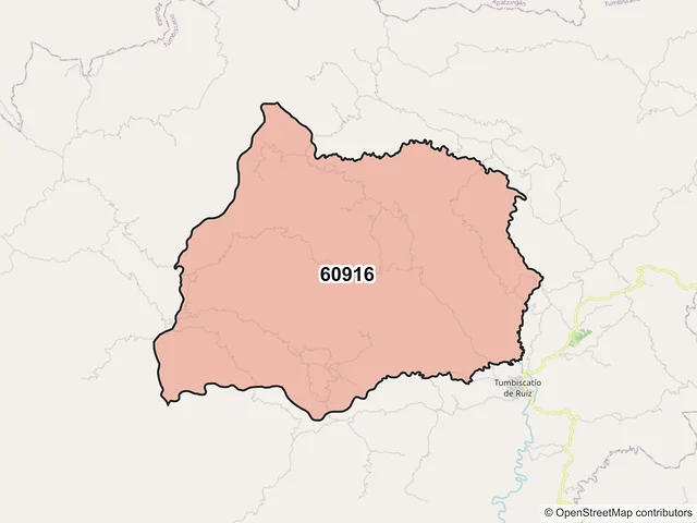 Mapa del código postal 60916, Tumbiscatío, Michoacán de Ocampo