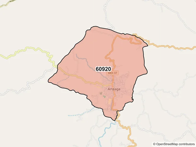 Mapa del código postal 60920, Arteaga, Michoacán de Ocampo
