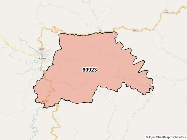 Mapa del código postal 60923, Arteaga, Michoacán de Ocampo