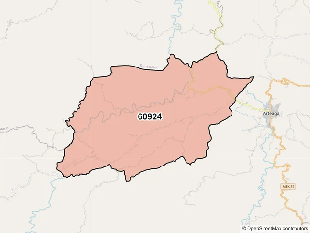Mapa del código postal 60924, Arteaga, Michoacán de Ocampo