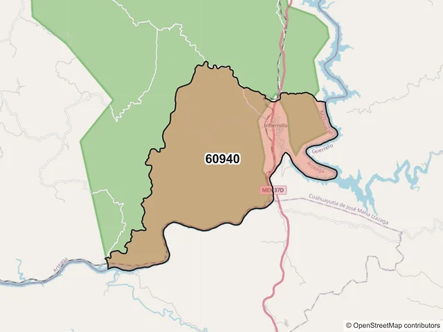 Mapa del código postal 60940, Arteaga, Michoacán de Ocampo