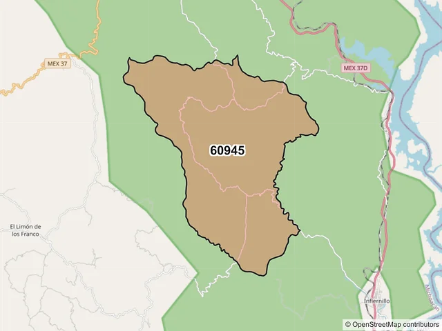 Mapa del código postal 60945, Arteaga, Michoacán de Ocampo