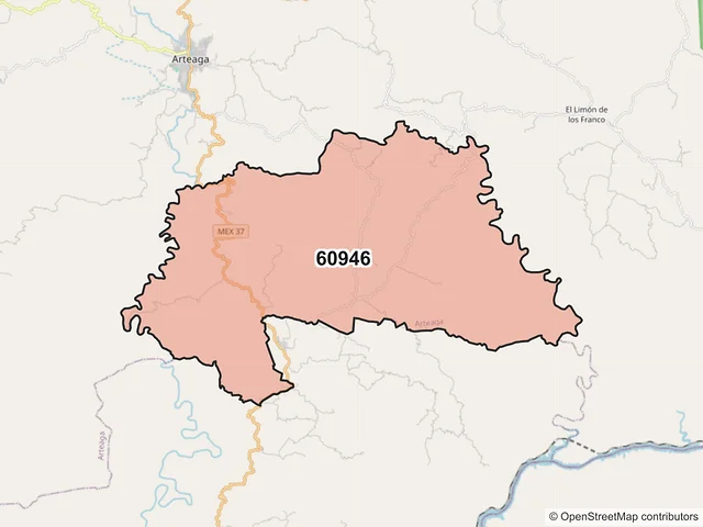 Mapa del código postal 60946, Arteaga, Michoacán de Ocampo