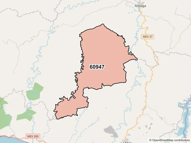 Mapa del código postal 60947, Arteaga, Michoacán de Ocampo