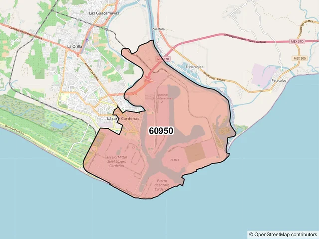 Mapa del código postal 60950, Lázaro Cárdenas, Michoacán de Ocampo