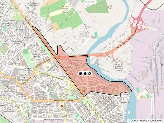 Mapa del código postal 60952, Lázaro Cárdenas, Michoacán de Ocampo