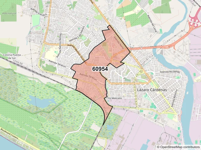 Mapa del código postal 60954, Lázaro Cárdenas, Michoacán de Ocampo