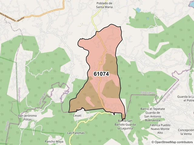 Mapa del código postal 61074, Tlalpujahua, Michoacán de Ocampo