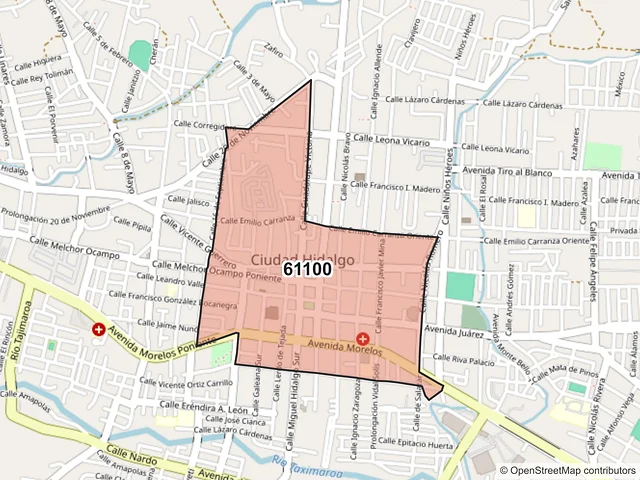 Mapa del código postal 61100, Hidalgo, Michoacán de Ocampo