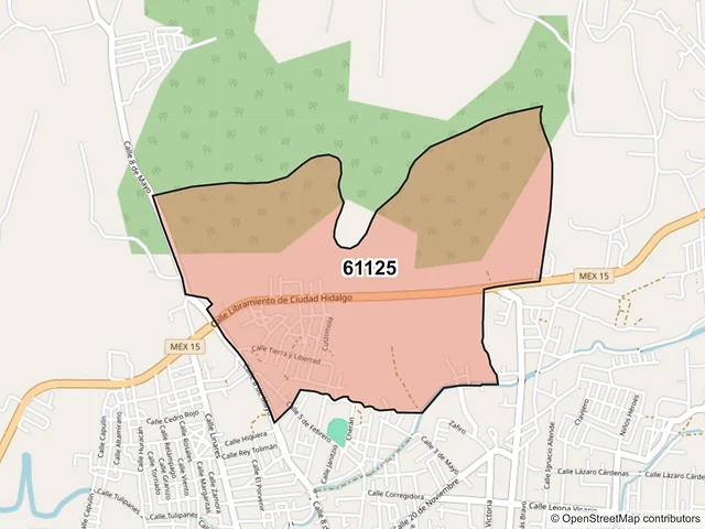 Mapa del código postal 61125, Hidalgo, Michoacán de Ocampo