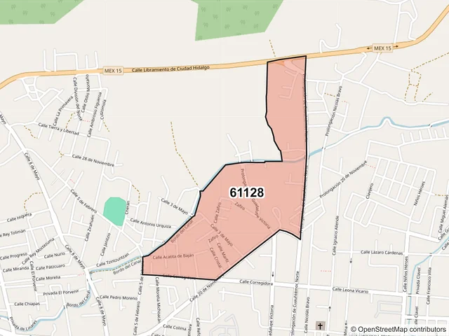 Mapa del código postal 61128, Hidalgo, Michoacán de Ocampo