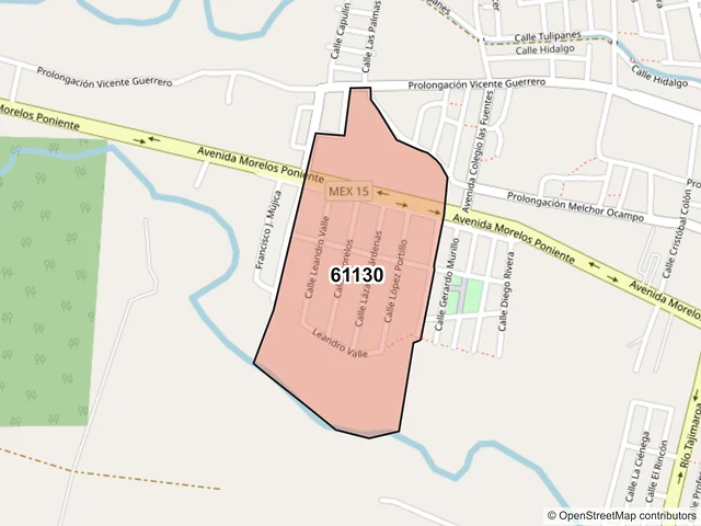 Mapa del código postal 61130, Hidalgo, Michoacán de Ocampo