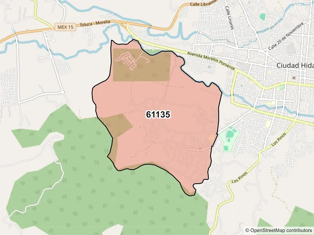Mapa del código postal 61135, Hidalgo, Michoacán de Ocampo