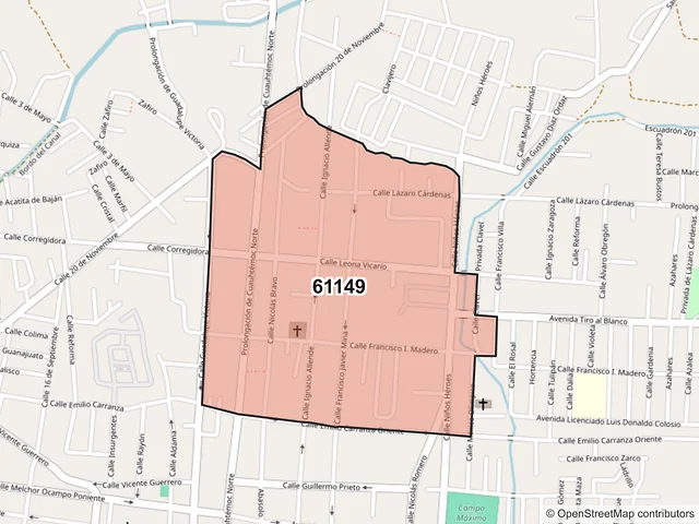 Mapa del código postal 61149, Hidalgo, Michoacán de Ocampo