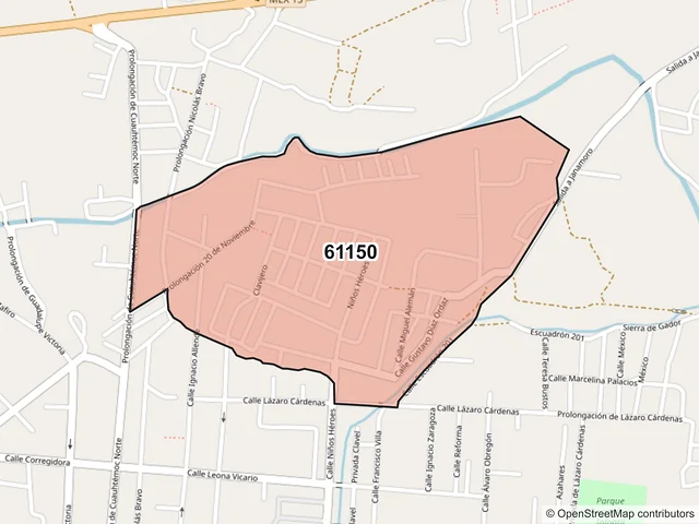 Mapa del código postal 61150, Hidalgo, Michoacán de Ocampo