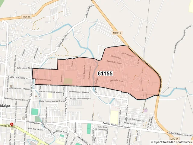 Mapa del código postal 61155, Hidalgo, Michoacán de Ocampo