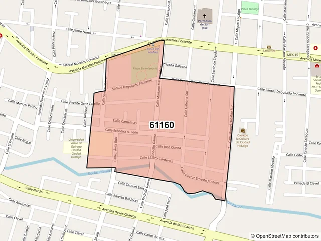 Mapa del código postal 61160, Hidalgo, Michoacán de Ocampo