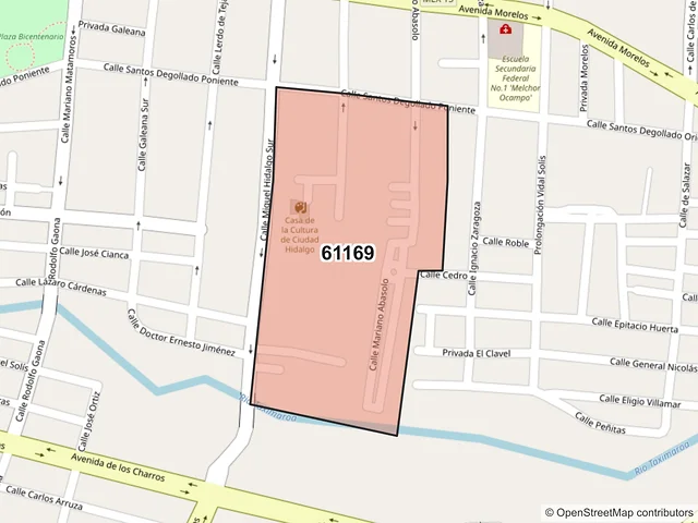 Mapa del código postal 61169, Hidalgo, Michoacán de Ocampo