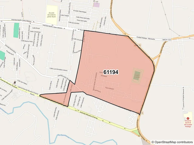 Mapa del código postal 61194, Hidalgo, Michoacán de Ocampo