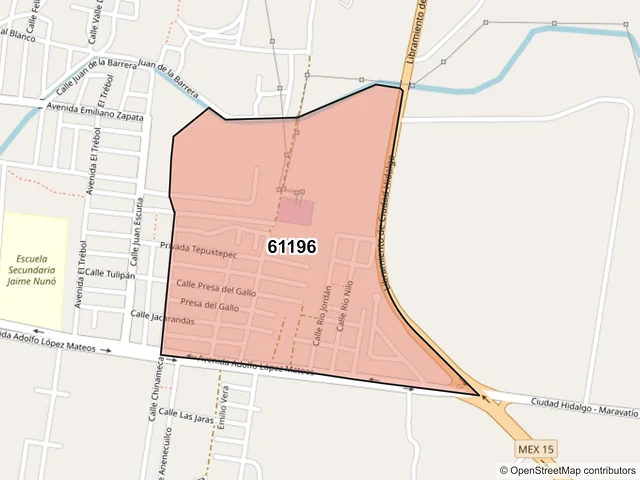 Mapa del código postal 61196, Hidalgo, Michoacán de Ocampo