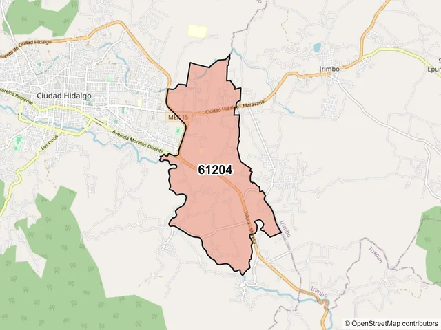 Mapa del código postal 61204, Hidalgo, Michoacán de Ocampo