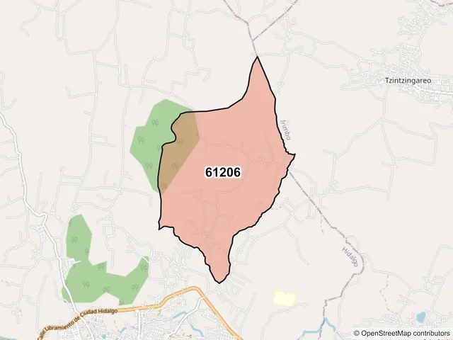 Mapa del código postal 61206, Hidalgo, Michoacán de Ocampo