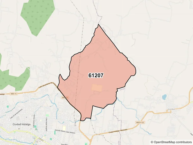 Mapa del código postal 61207, Hidalgo, Michoacán de Ocampo