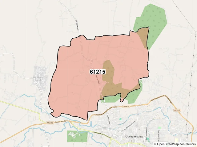 Mapa del código postal 61215, Hidalgo, Michoacán de Ocampo