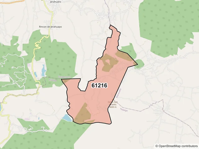 Mapa del código postal 61216, Hidalgo, Michoacán de Ocampo