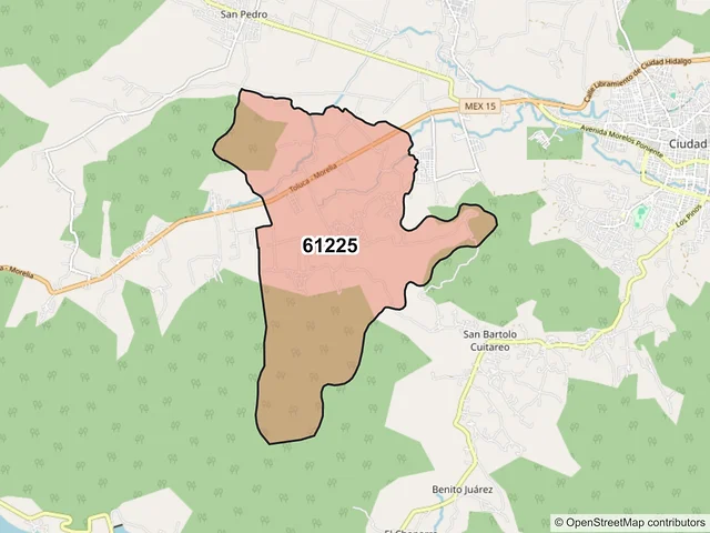 Mapa del código postal 61225, Hidalgo, Michoacán de Ocampo